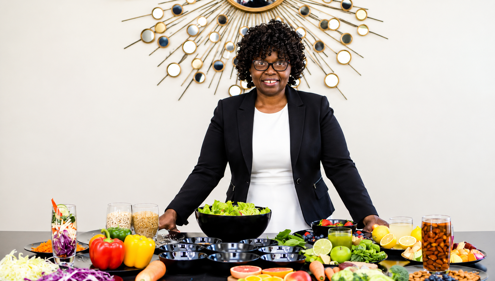 Joyce B. Nyairo standing behind a table of fresh, nourishing foods