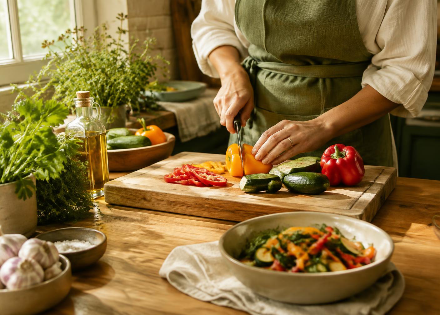 Fresh vegetables being prepared in a warm kitchen