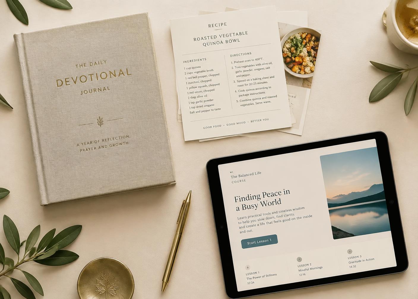 Devotional journal, recipe cards and a course on a tablet